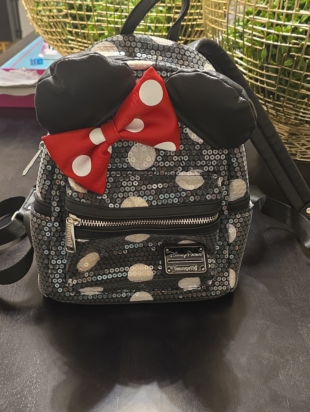 Disney Minnie Mouse Black Sequin Mini Backpack with Red Polka Dot Bow